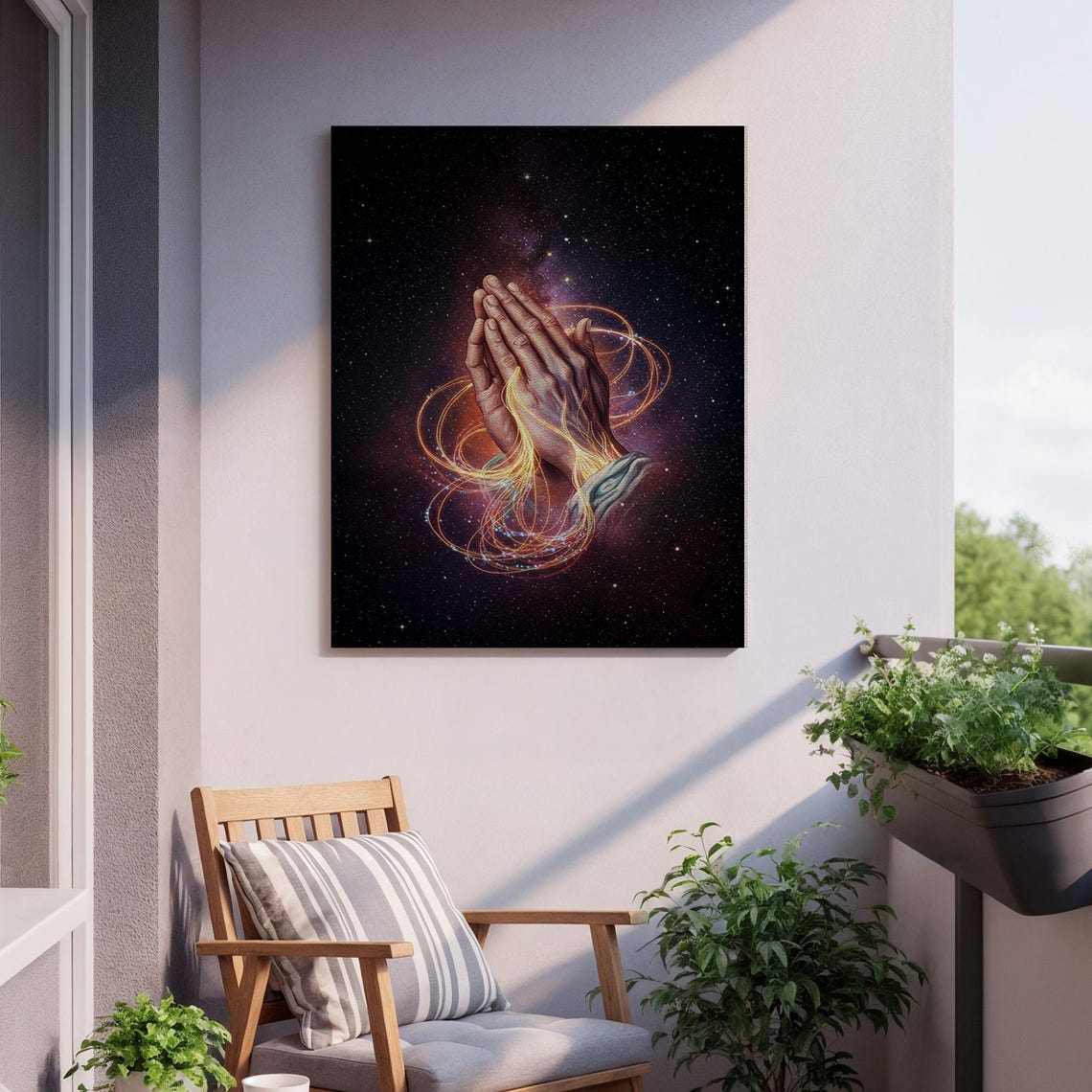 Praying Hands with Golden Light Cosmic Night Sky Spiritual Poster - Image 2
