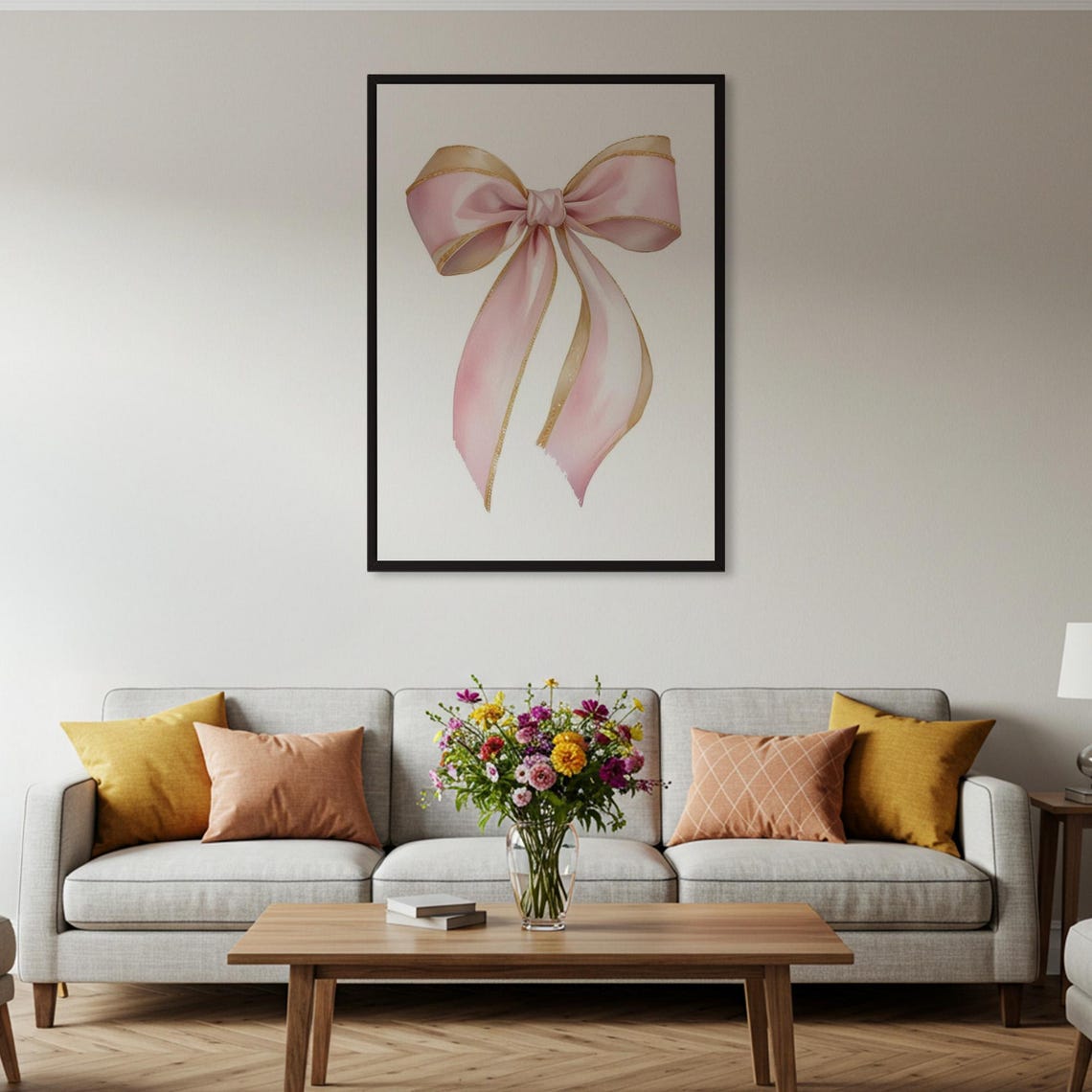 Pink Watercolor Ribbon Bow with Gold Trim Girly Nursery Art Poster - Image 5