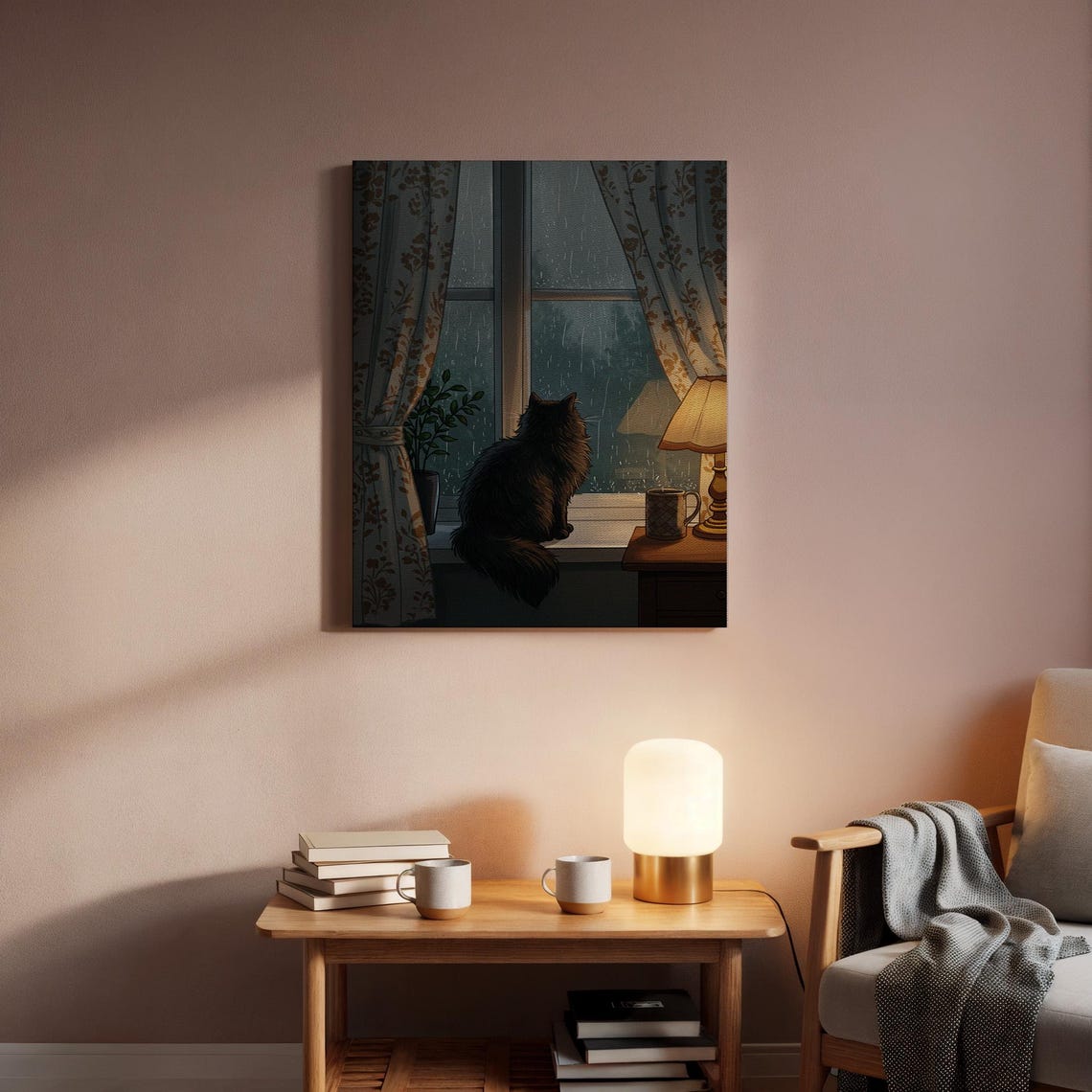 Black Cat Watching Rain At Window Cozy Moody Cat Lover Poster - Image 2