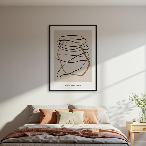 Abstract Line Art Poster Minimalist Collection Print Modern Neutral Wall Black Gold Beige Decor