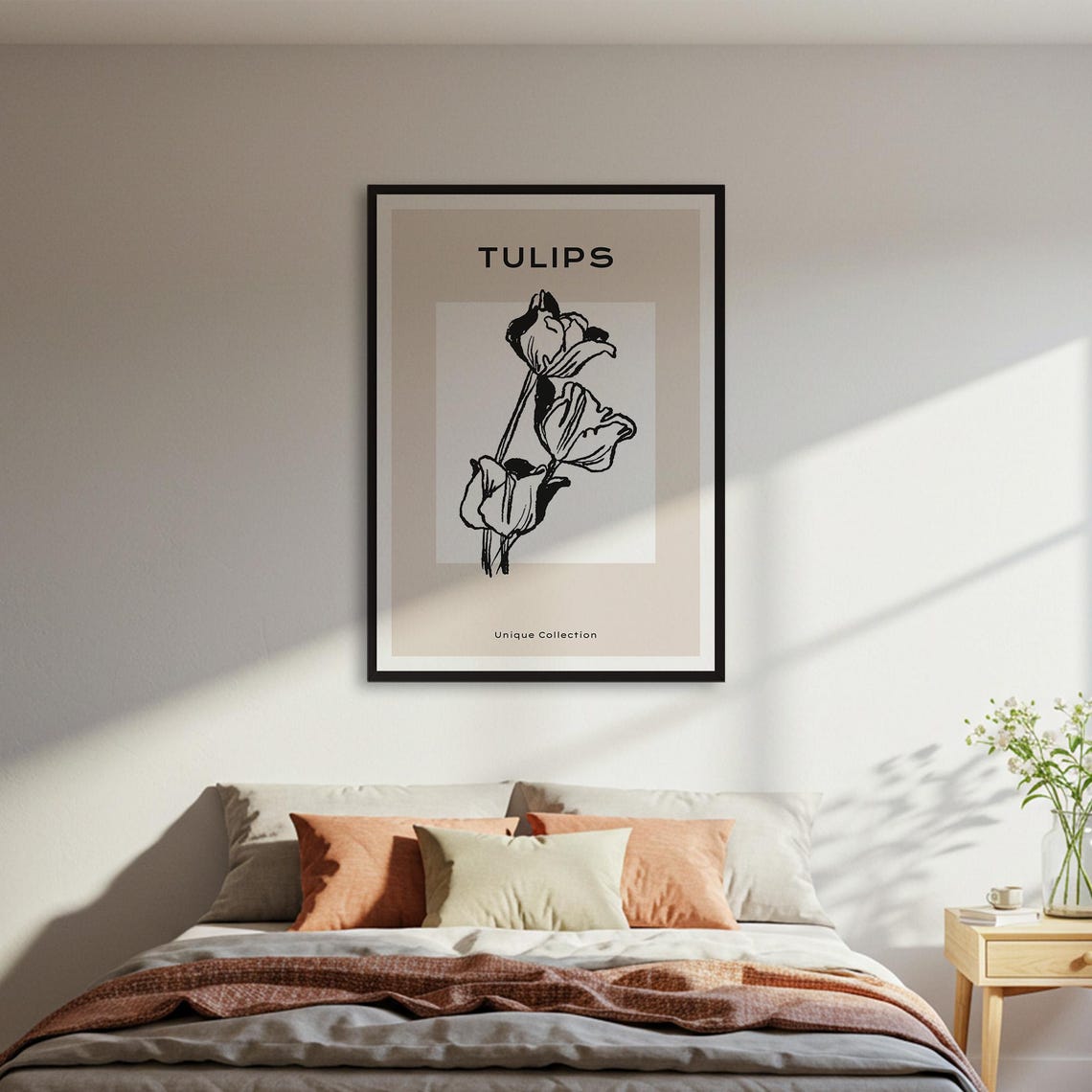Tulips Minimalist Black Line Art Neutral Botanical Flower Poster