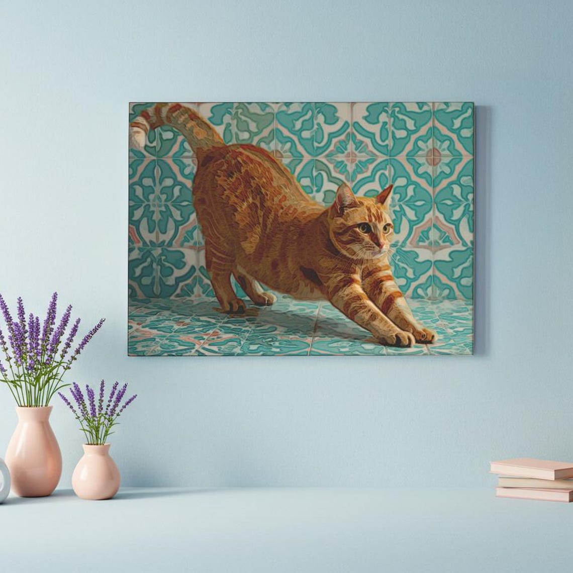 Orange Tabby Cat Stretching Turquoise Tile Playful Pet Poster - Image 3