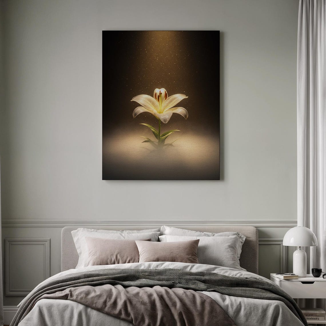 White Lily Flower Glowing Under Spotlight Dark Moody Floral Poster