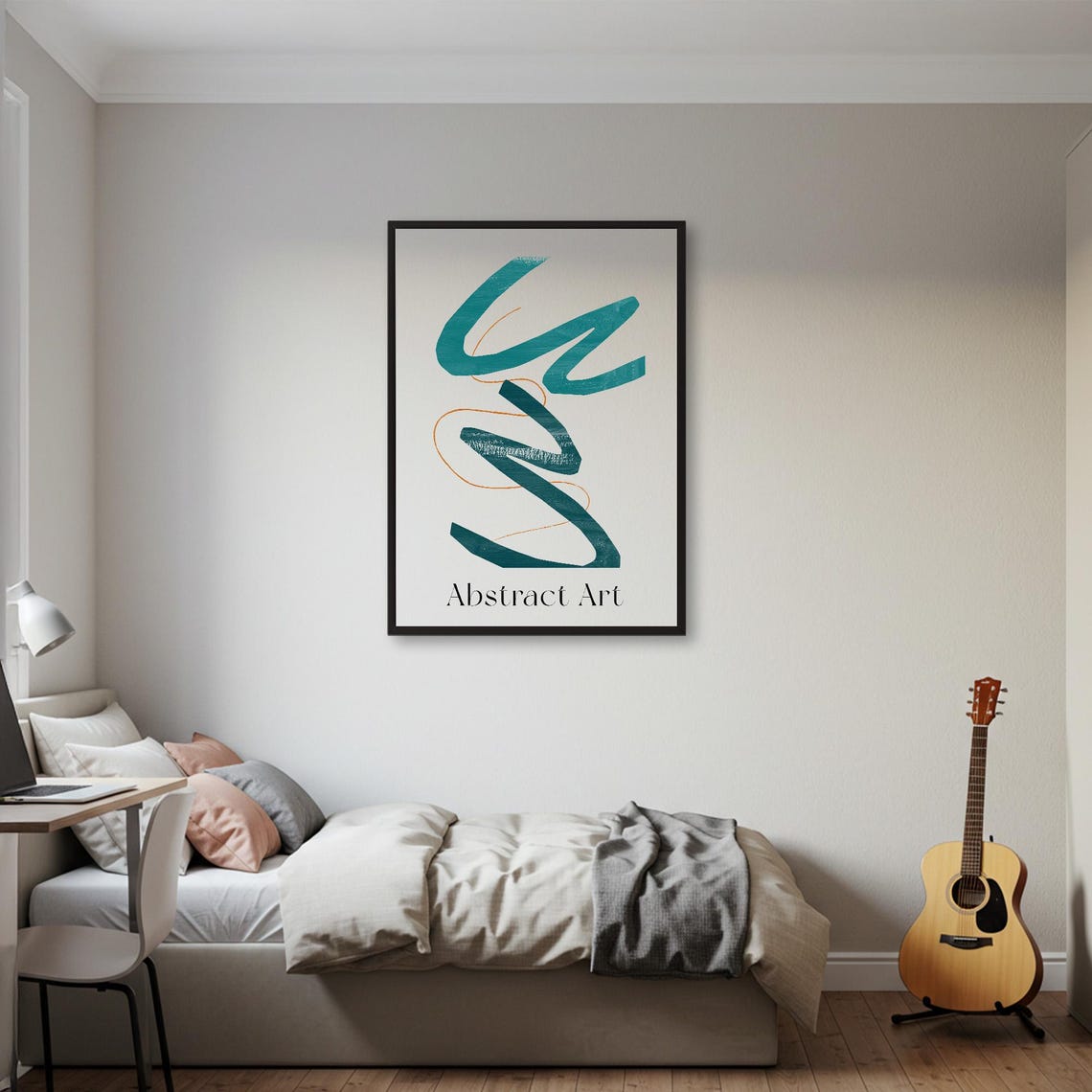 Teal Brushstroke and Copper Line Modern Abstract Art Wall Poster - Image 2