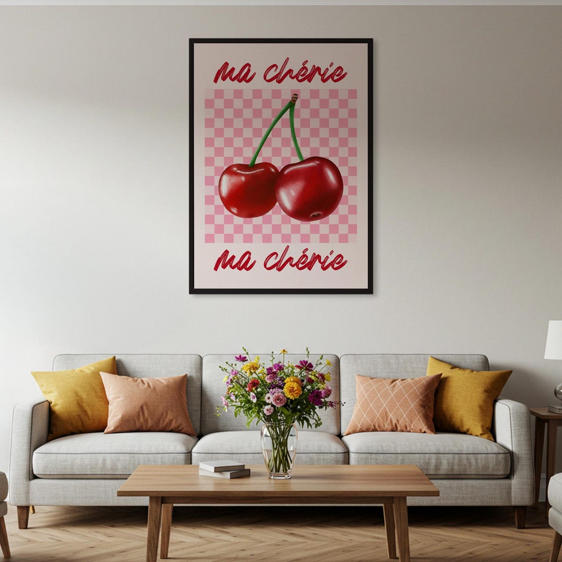 Ma Chérie Cherry Pink Checkerboard Retro French Kitchen Poster - Image 2