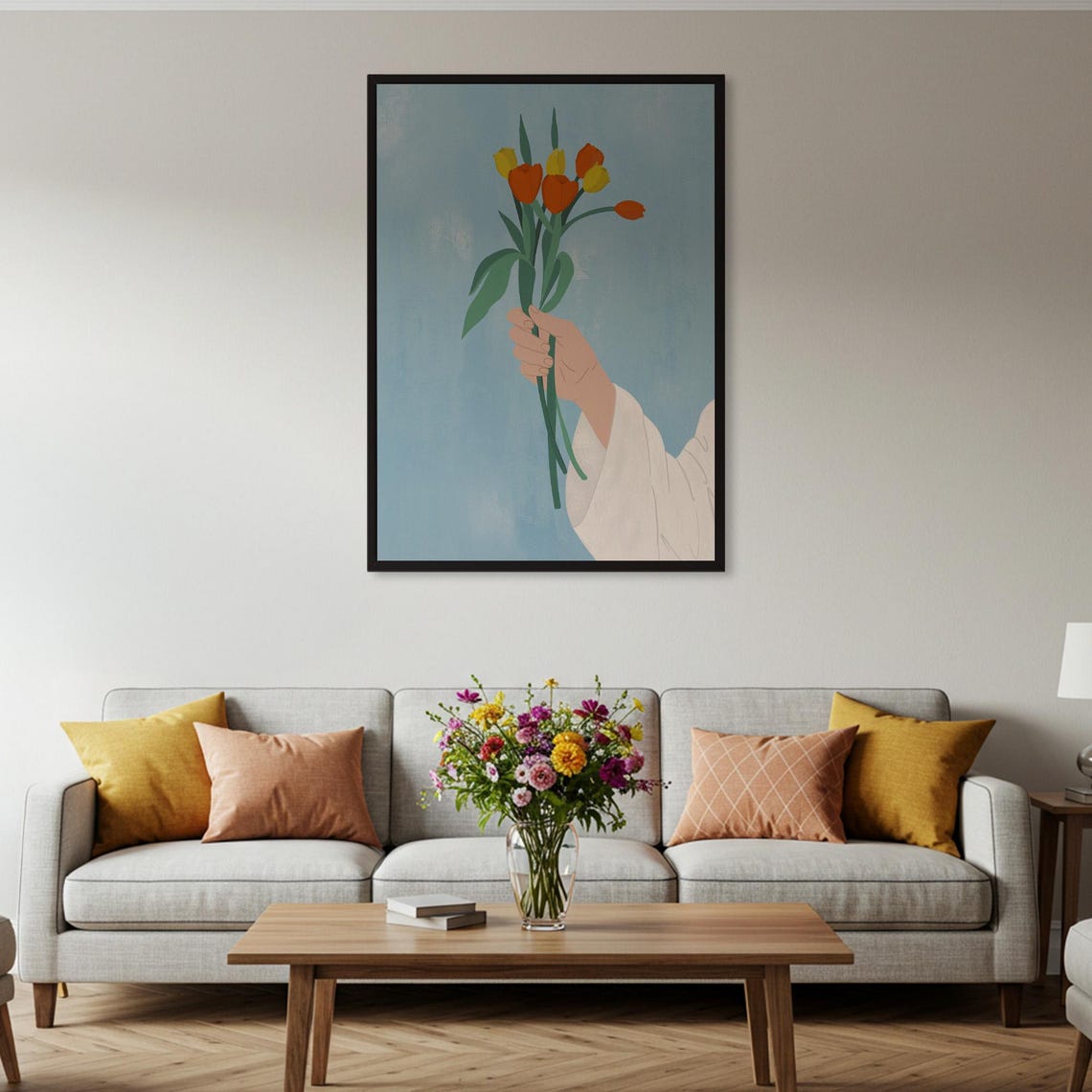 Hand Holding Tulips Orange Bouquet Soft Blue Minimal Floral Poster - Image 2