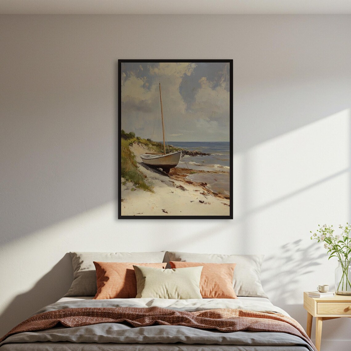 Vintage Sailboat Beach Poster, Coastal Seascape