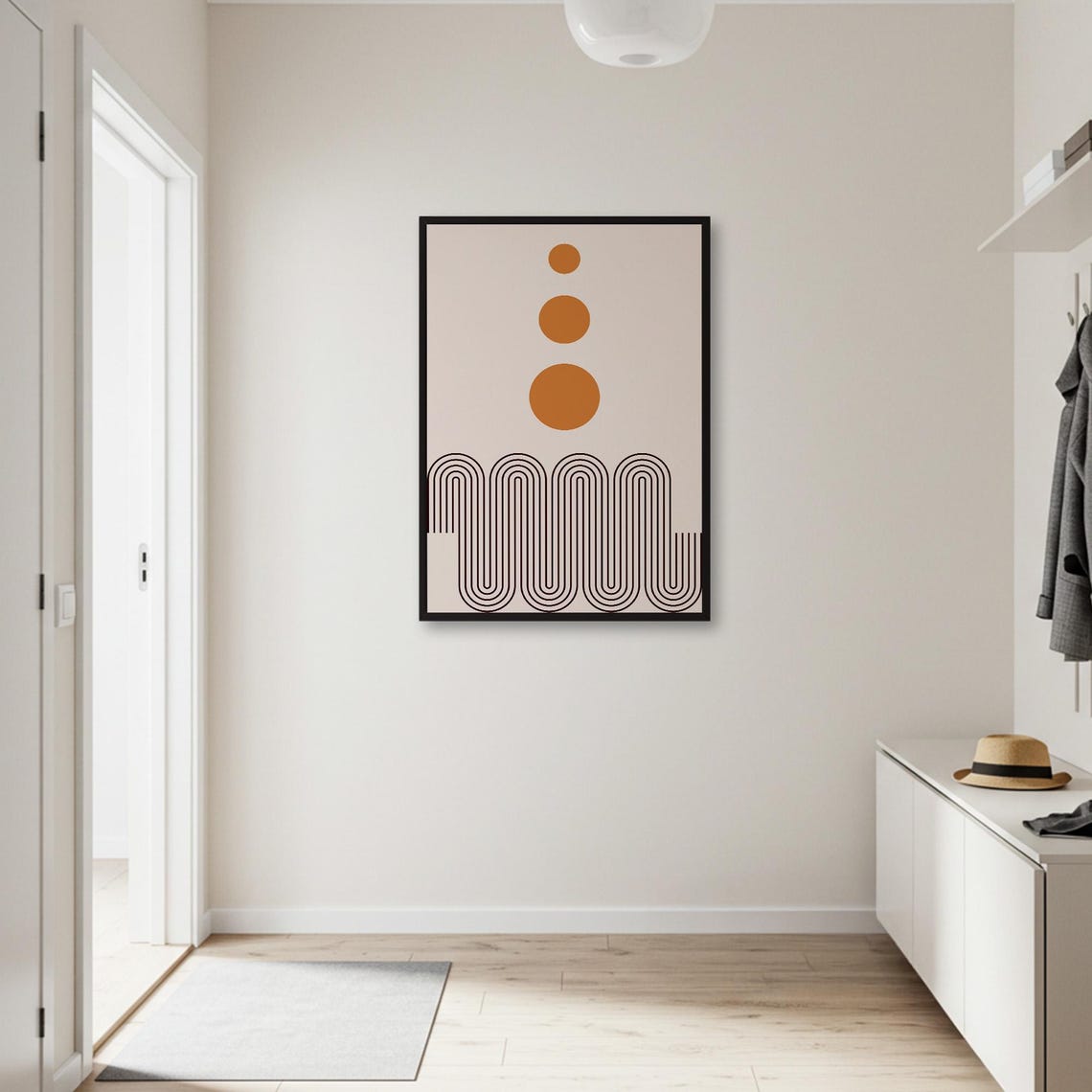 Three Orange Suns over Black Arches Mid Century Geometric Poster - Image 3