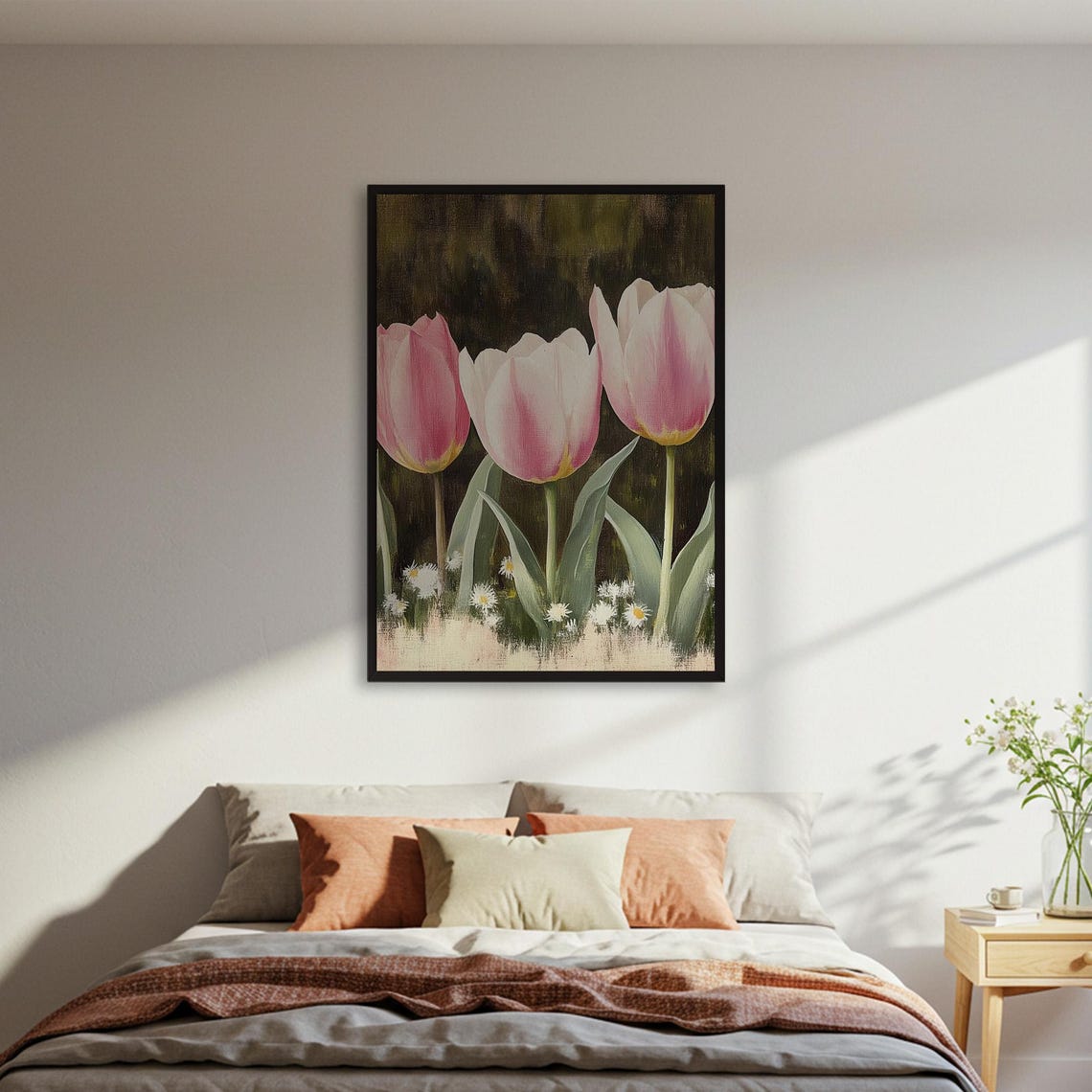 Pink Tulips Oil Painting Dark Moody Floral Garden Art Poster