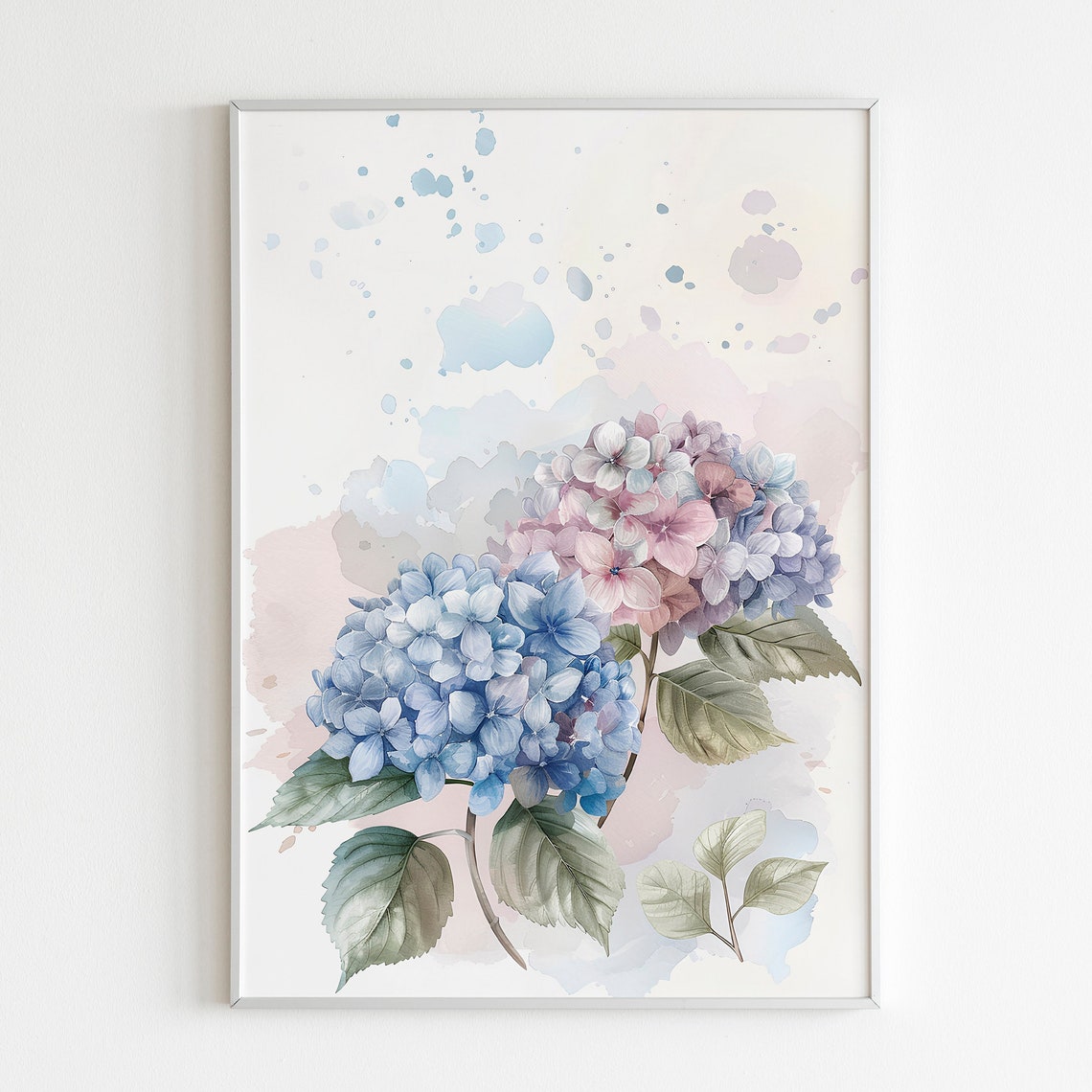 Pastel Blue Pink Watercolor Hydrangea Floral Botanical Poster - Image 3