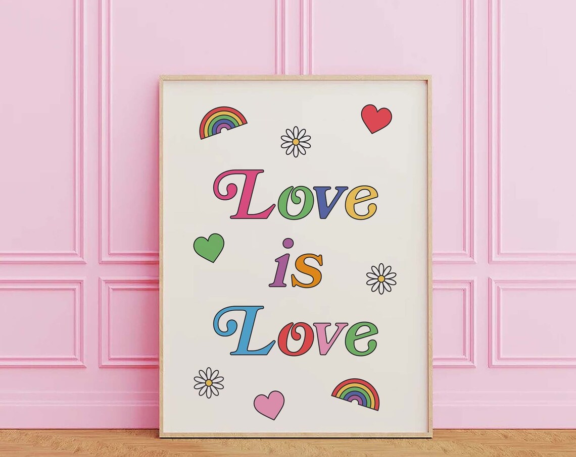 Love Is Love Rainbow Hearts Pride Retro Colorful Quote Poster