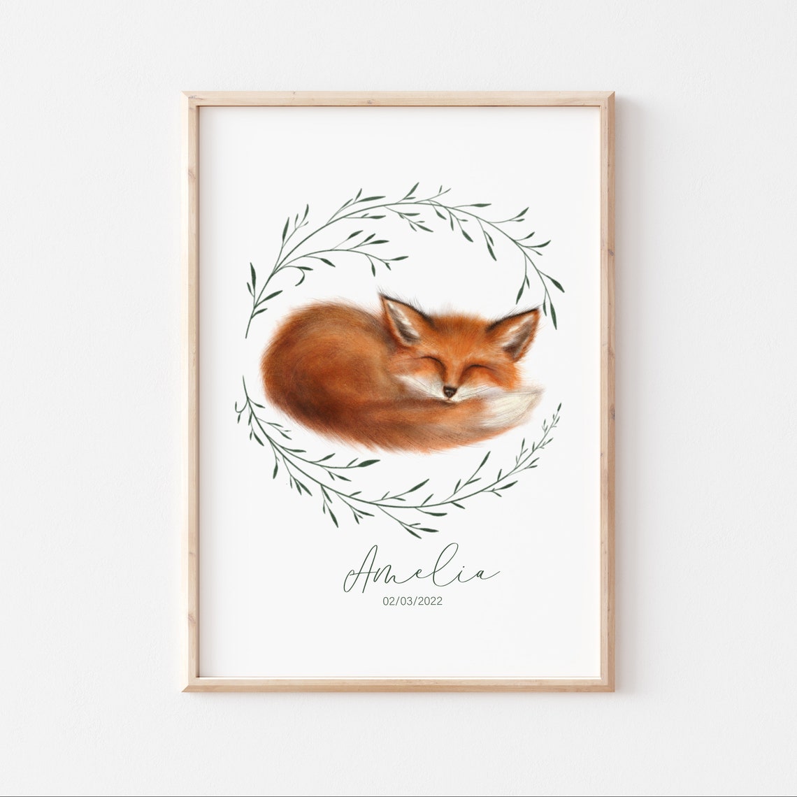 Sleeping Fox Cub in Leafy Wreath Personalized Name Nursery Wall Art
