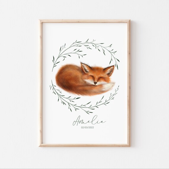 Fox Print Woodlands Nursery Art Wall Personalized Baby Name Gift