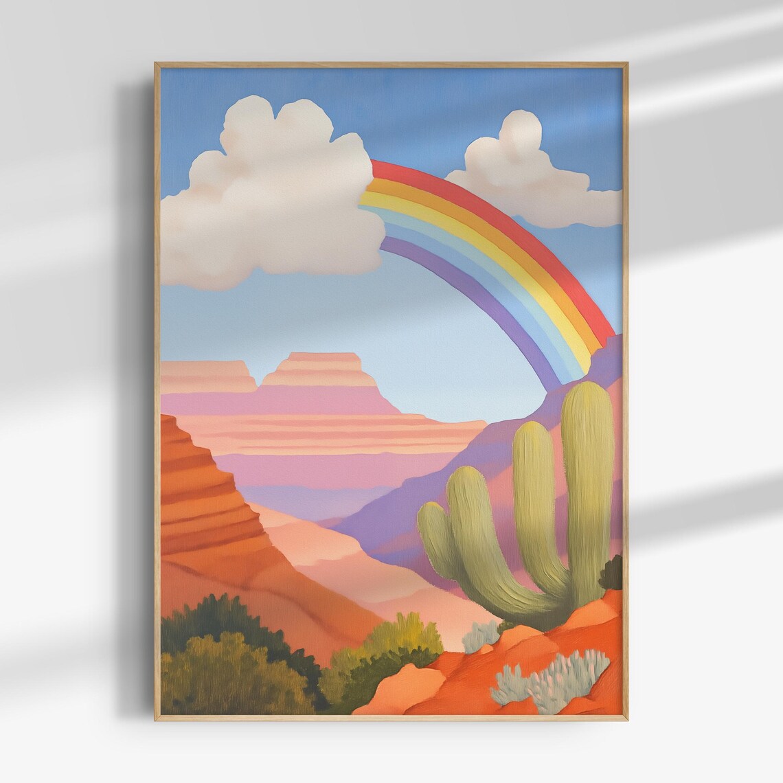 Desert Rainbow Over Red Rock Canyon Saguaro Colorful Art Poster