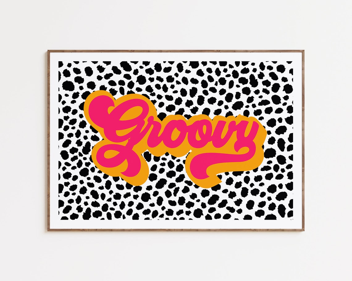 Groovy Retro Script Pink Orange Dalmatian Spots Typography Art Poster