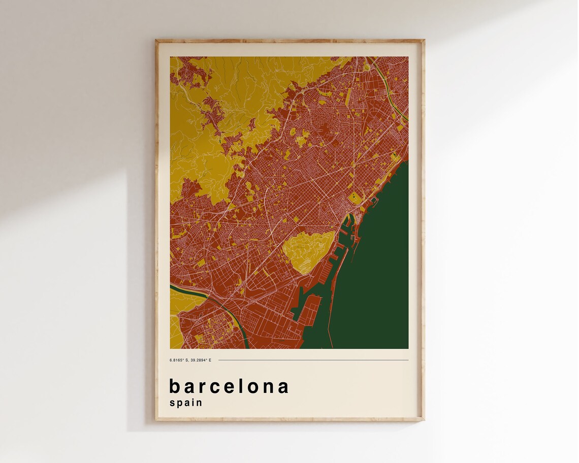 Barcelona Spain Retro Colorful City Street Map Travel Poster
