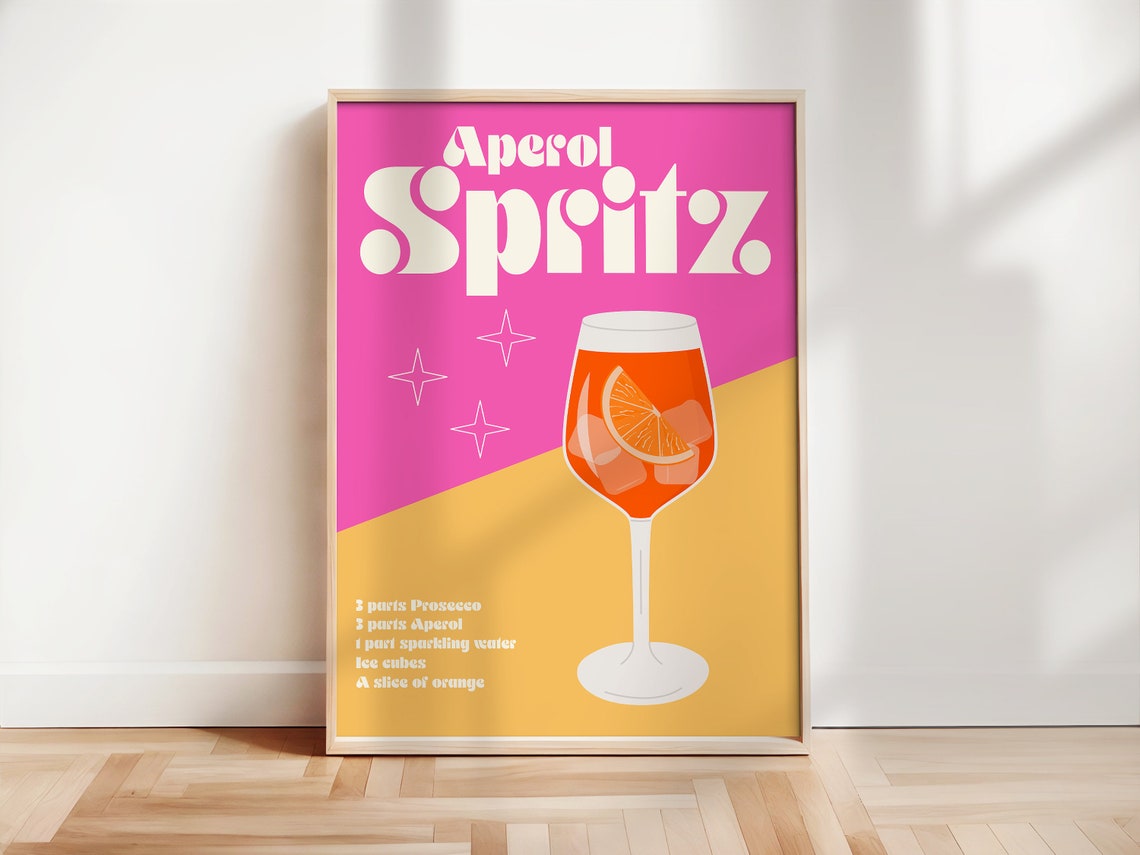 Aperol Spritz Retro Pink Cocktail Recipe Bar Kitchen Wall Art