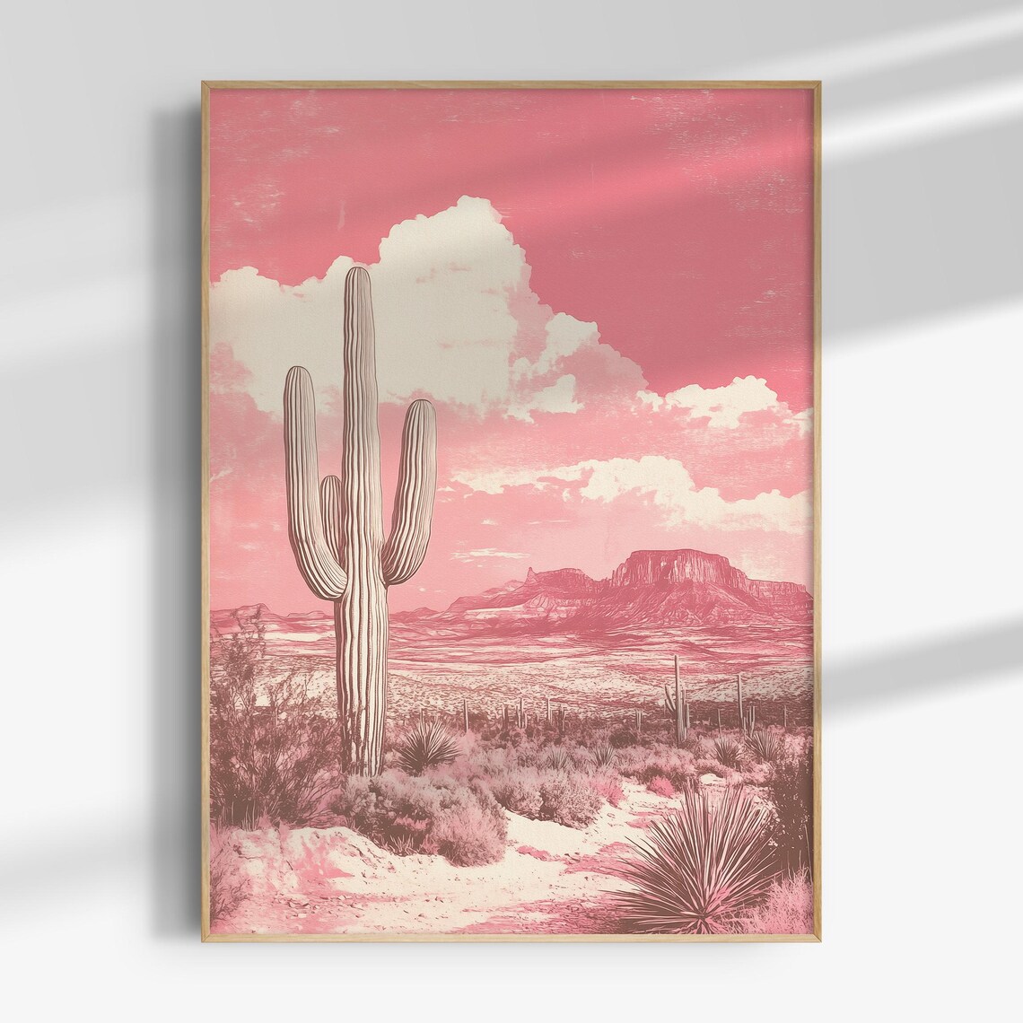 Pink Desert Saguaro Cactus Monochrome Canyon Landscape Art Poster