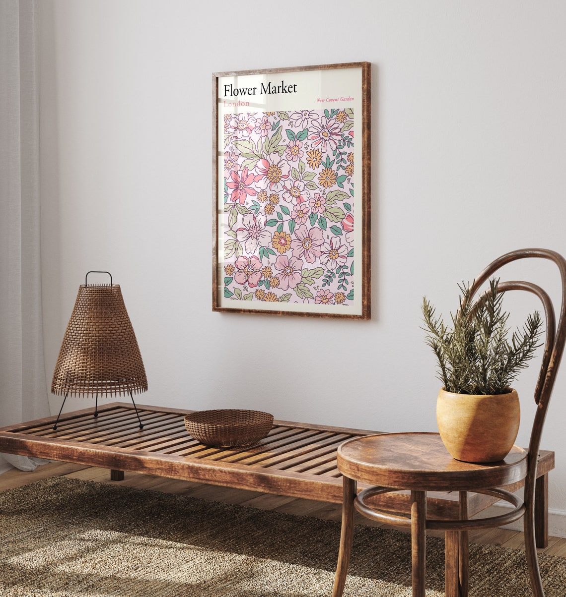 Pastel Pink Flower Market London Print Flower Market Poster Floral Art Poster Retro 70s Flower Market Boho Flower Market Print F150 - Image 2