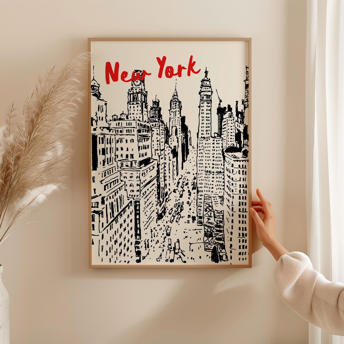 New York Black Manhattan Skyline Hand Drawn Vintage Travel Poster - Image 2
