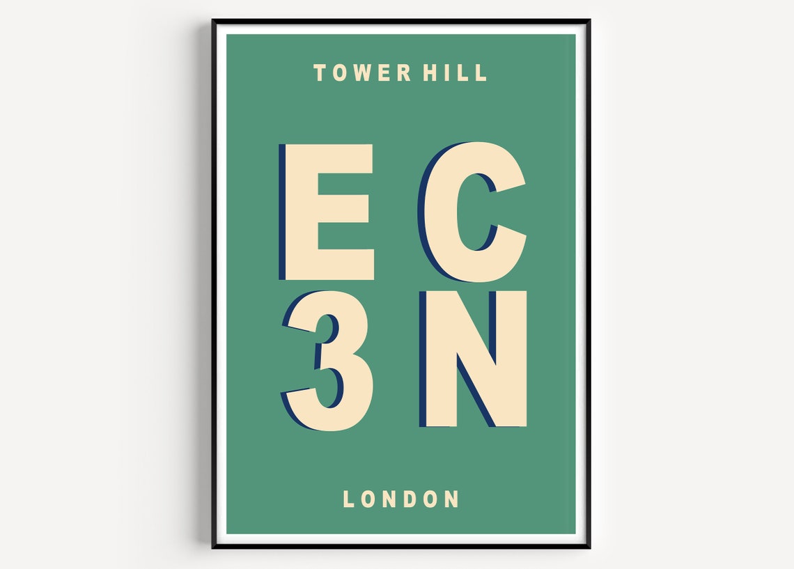 Tower Hill EC3N London Vintage Green Typographic Postcode Poster