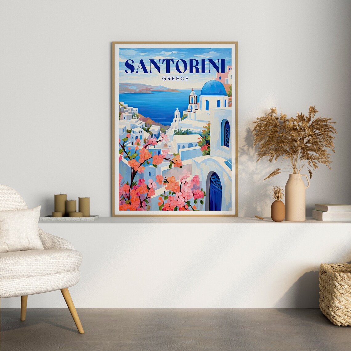 Santorini Greece Blue Domed Churches Caldera Sea View Travel Poster - Image 2