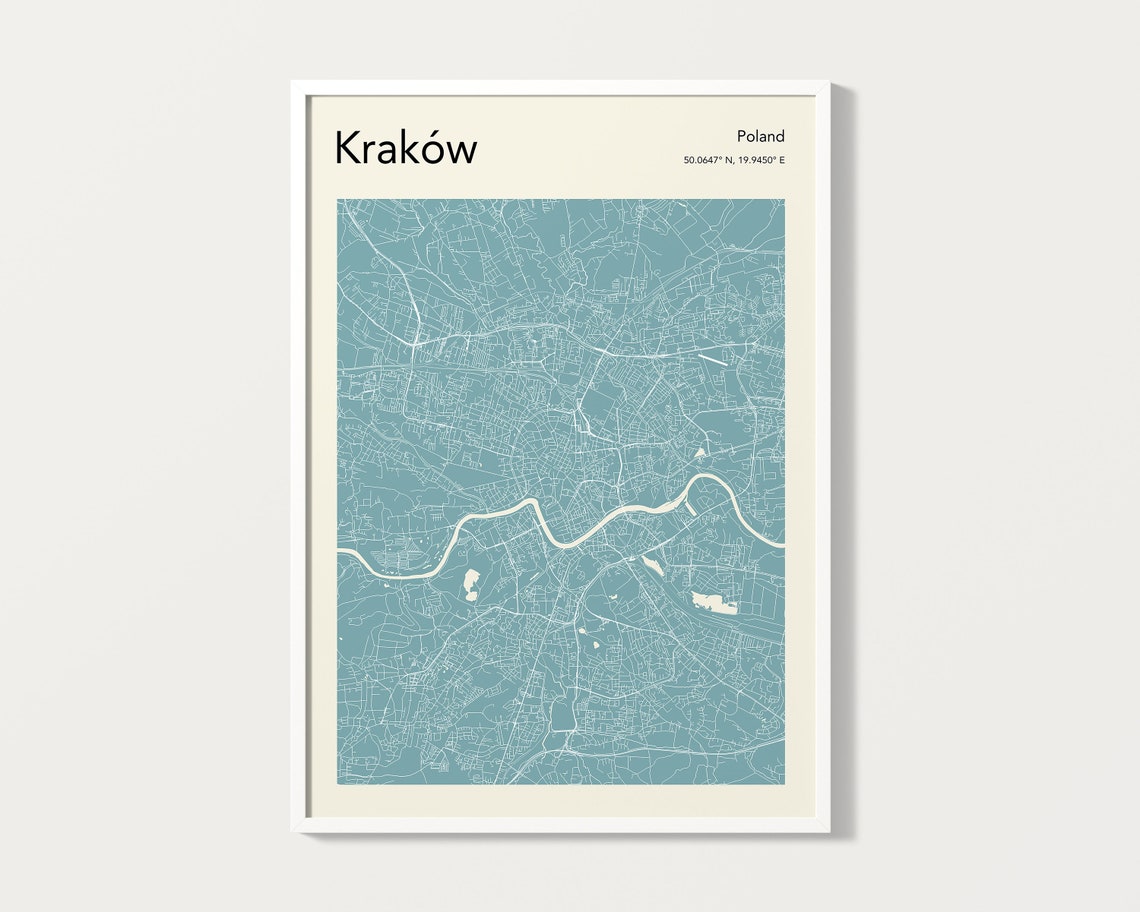 Krakow Poland City Map Minimalist Teal Street Plan Travel Poster