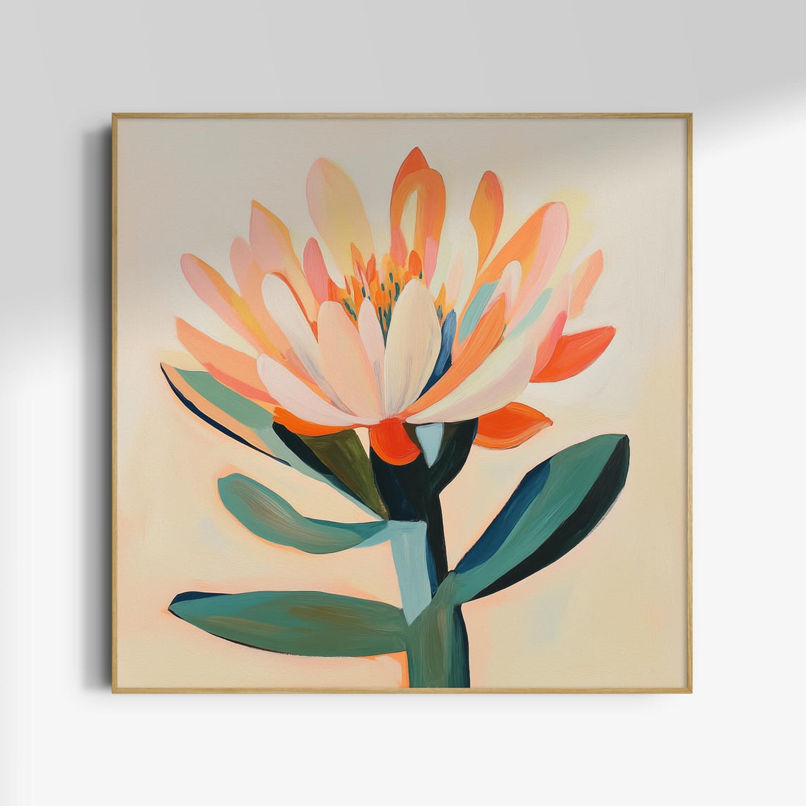 Abstract Orange Flower Bloom Teal Leaves Modern Botanical Art Poster - Image 4