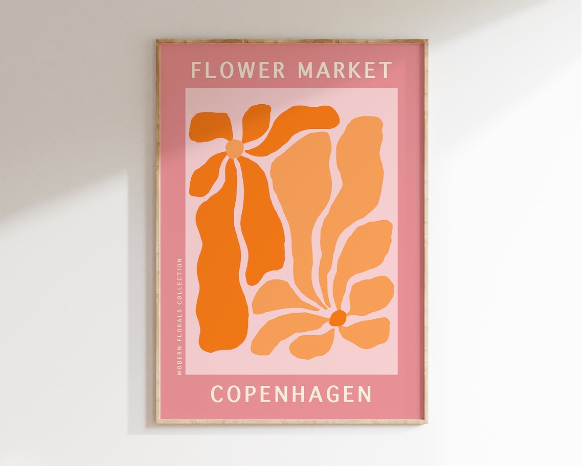Copenhagen Flower Market Poster, Retro 70s Floral Art