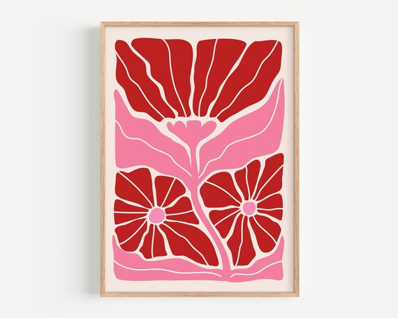 Pink And Red Abstract Flower Poster Modern Wavy Flower Print Colourful Botanical Print Matisse Flower Print Boho Flowers Print Bo138
