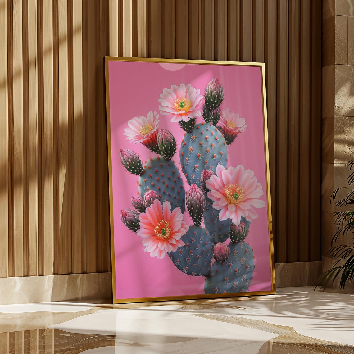 Pink Flowering Cactus Painting Blue Cactus Hot Pink Background Poster - Image 2