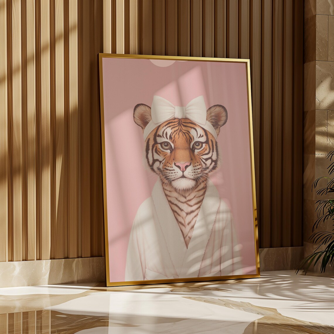 Tiger Cub In White Bathrobe And Bow Coquette Pink Bathroom Poster - Image 2
