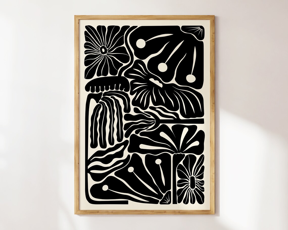Black Matisse Style Abstract Floral Cut Out Cream Art Poster