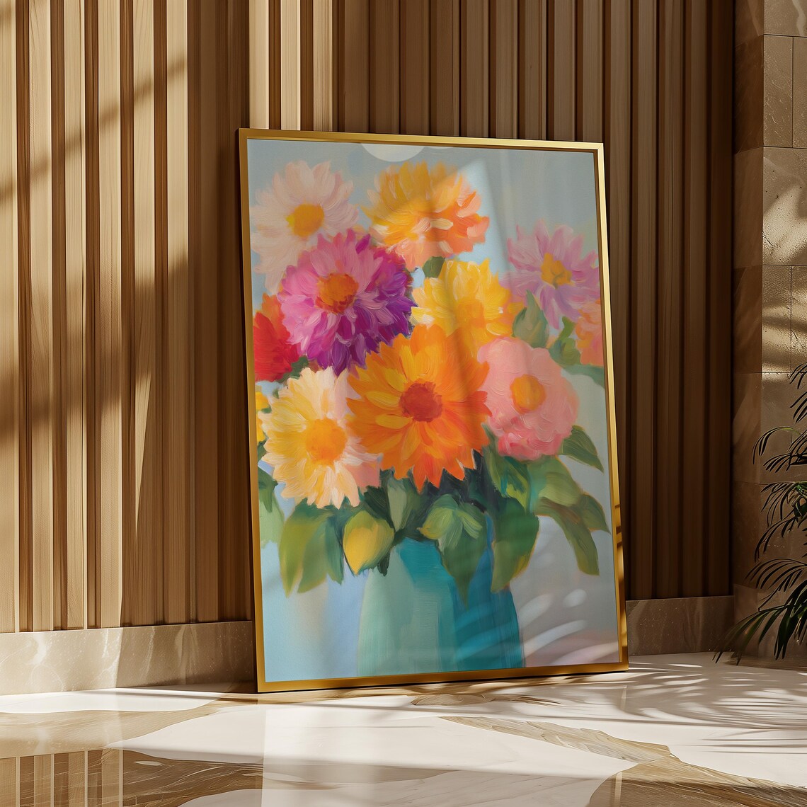 Colourful Zinnia Flower Bouquet Painting Blue Vase Still Life Poster - Image 4