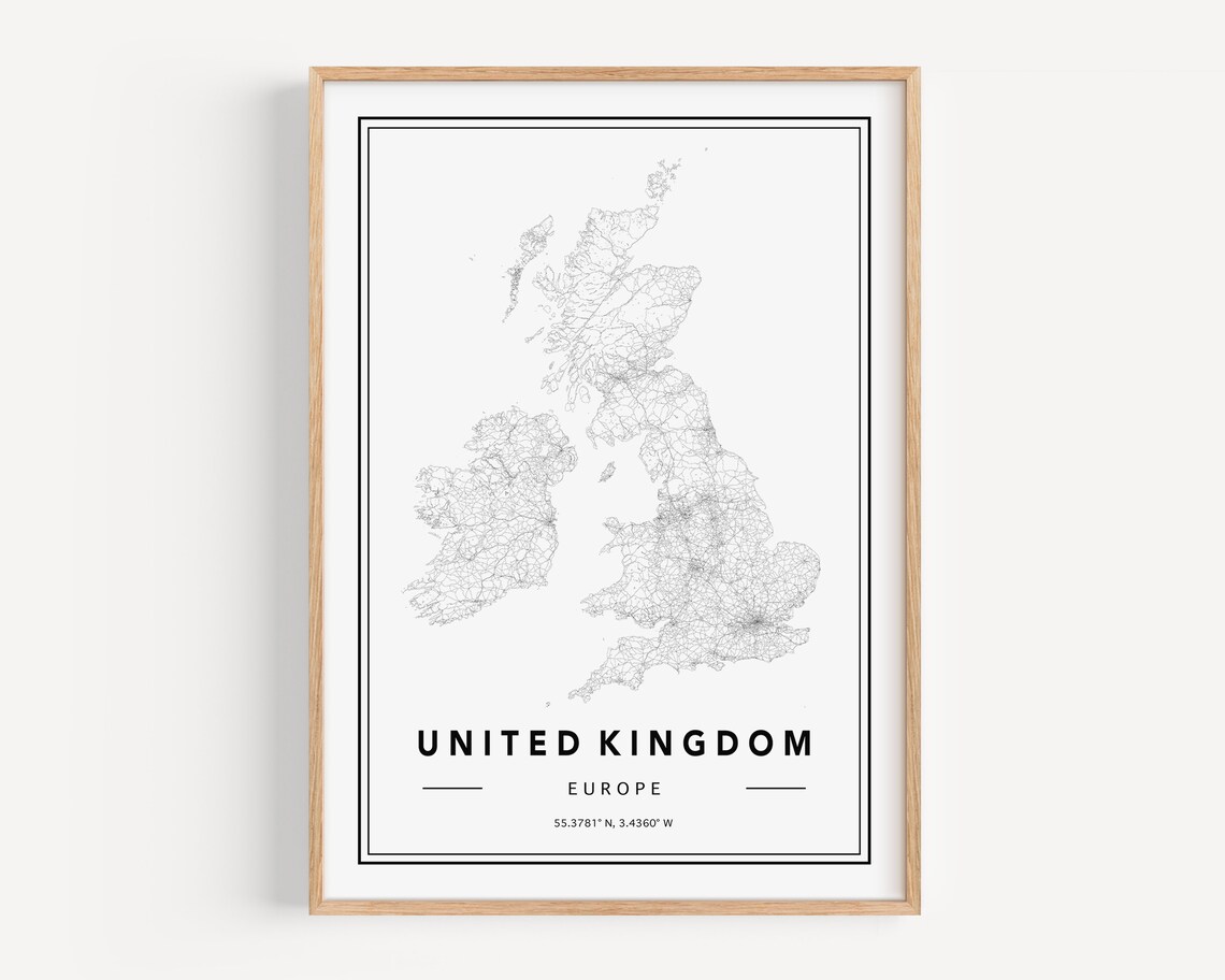 United Kingdom Europe Minimalist White Outline Map Travel Poster