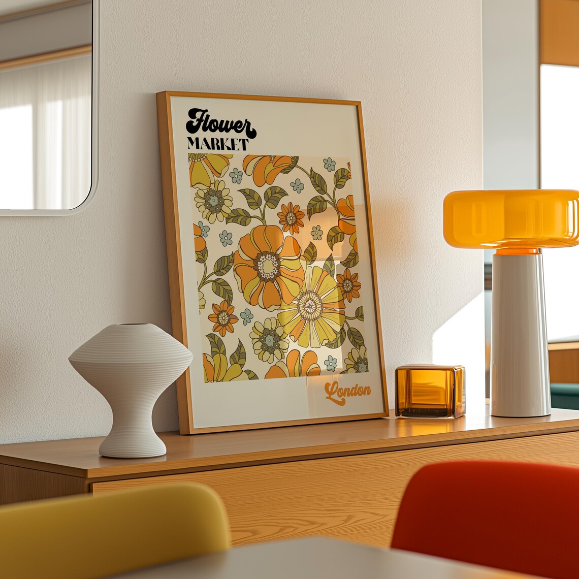 Retro London Flower Market Print Retro Yellow Floral Print 70s Botanical Print Flower Market Poster F024 - Image 4