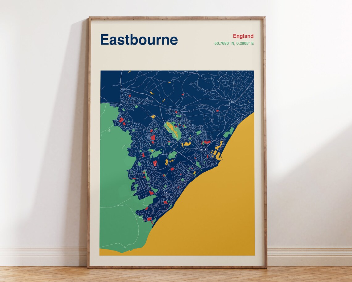 Eastbourne England Navy Coastal Town City Map Art Poster Seaside Decor