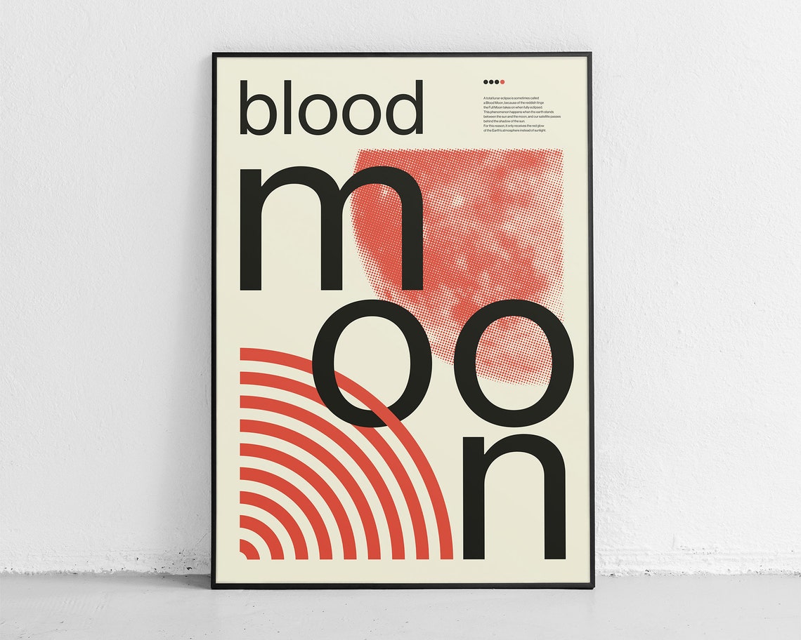 Blood Moon Mid Century Modern Typographic Lunar Eclipse Art Poster