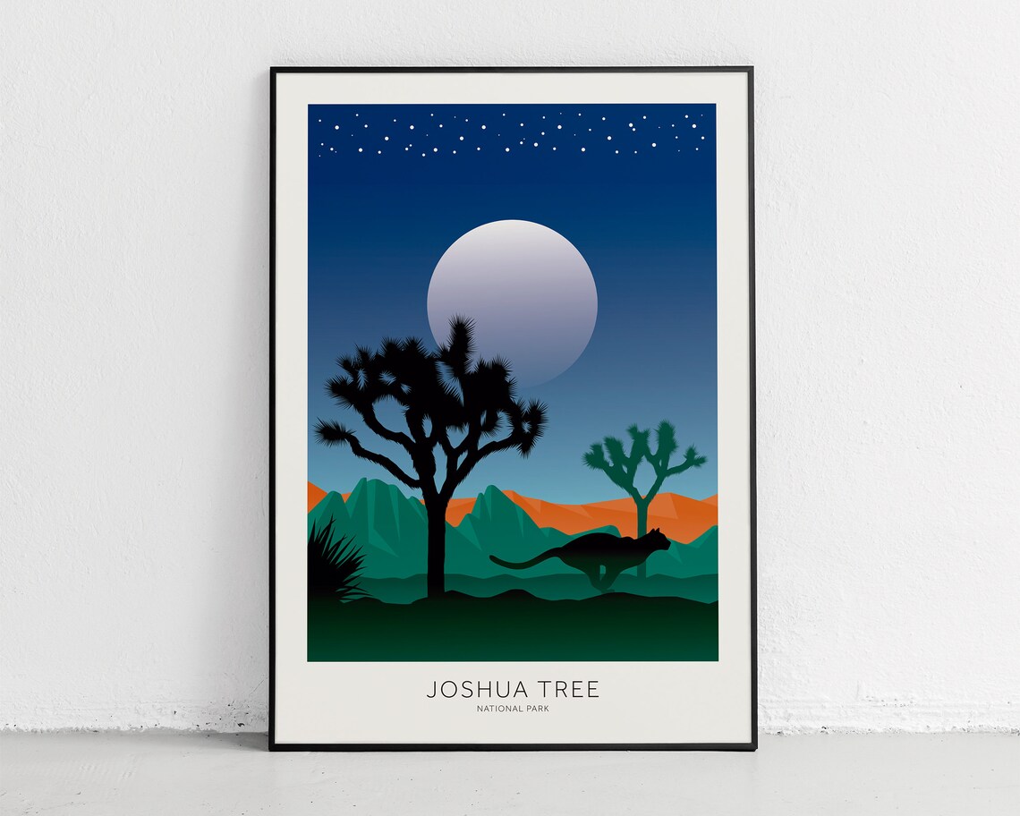 Joshua Tree National Park Night Moon Puma Silhouette Travel Poster