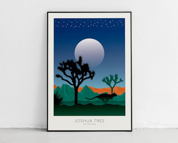 Joshua Tree National Park Night Moon Puma Silhouette Travel Poster