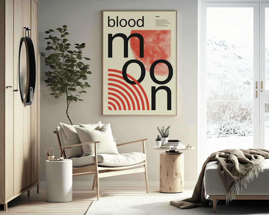 Blood Moon Mid Century Modern Typographic Lunar Eclipse Art Poster - Image 2