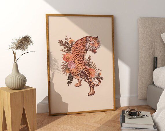 Floral Tiger Botanical Print, Dorm Room Decor