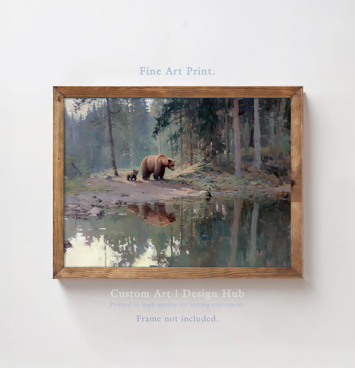 Bear Family Forest Landscape, Rustic Nature Art Print