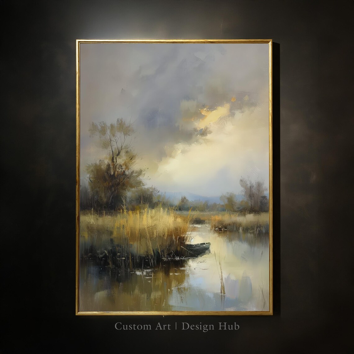 Marshland with Wooden Boat Golden Reeds Peaceful Nature Poster