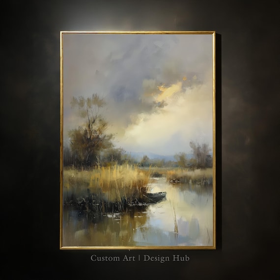 Marshland with Wooden Boat Golden Reeds Peaceful Nature Poster
