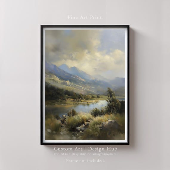 Mountain River Landscape Art Print Tranquil Nature Wall Decor Fine Painting