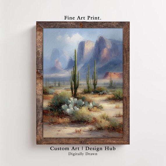 Southwest Desert Cactus Landscape Poster Saguaro Mountains Painting