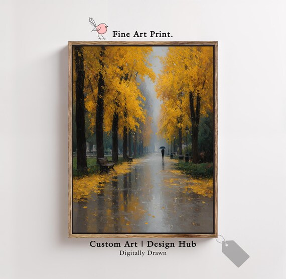 Autumn Rainy Park Painting Golden Trees Wall Art Modern Landscape Print