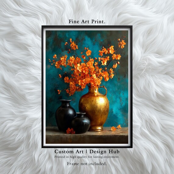 Orange Blossom Golden Vase Still Life Teal Background Art Print