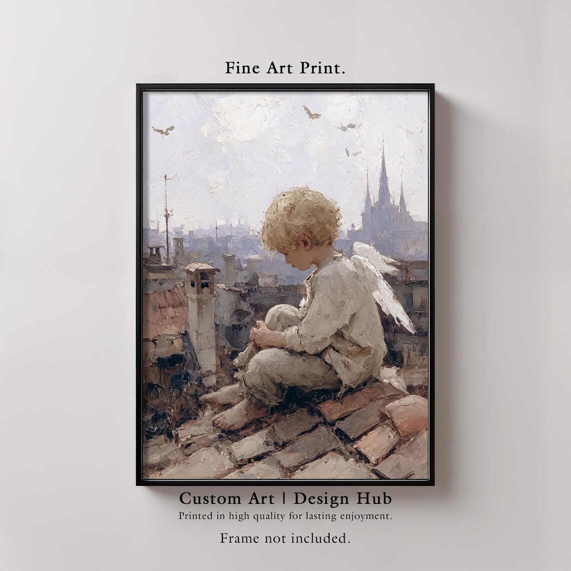 Angel Boy Rooftop Vintage Painting Spiritual Angel Art Poster